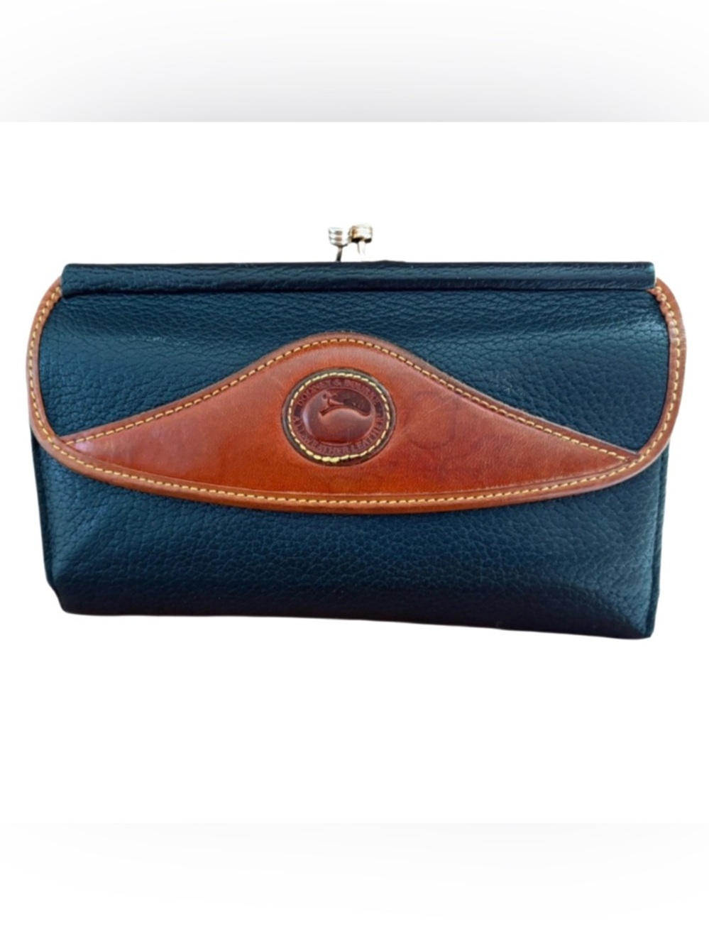 Dooney & Bourke Navy and Tan Pebbled Leather Kiss lock Wallet Vintage 1996